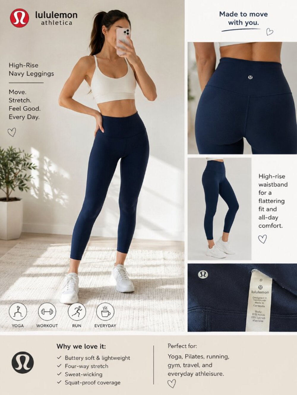 Lululemon Navy Blue High Rise Cropped Leggings Size 8 25"